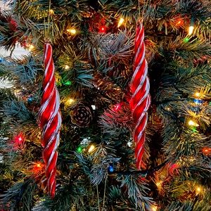 10” Red and Silver Twisted Red Glass Ornaments.